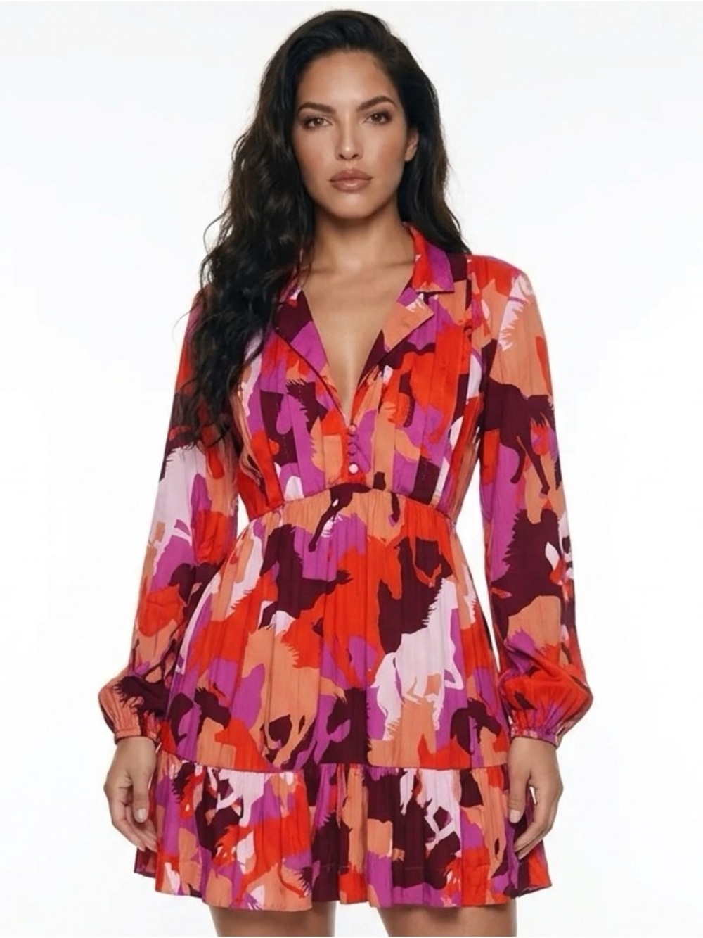 ANTHROPOLOGIE | MAEVE V-Neck Tiered Abstract Horse Print Mini Dress Women’s XL